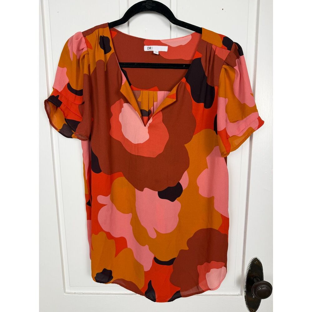 DR2 by Daniel Rainn Abstract Floral Blouse Sz M Split V Neck Flutter Sleeve